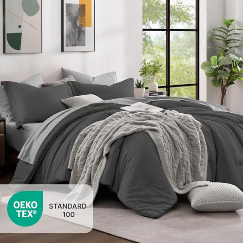 Monbix Queen Comforter Set - 7 Pieces Cationic Dyeing Dark Grey Bed in a Bag Queen Bedding Sets with Comforter, Sheets, Pillowcases & Shams, Reversible Bedding Comforters Sets - Image 5