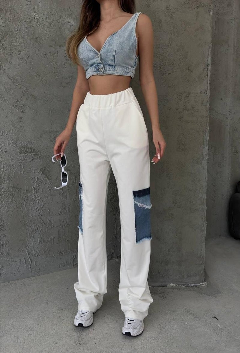 Ded Collection Women's Elastic Waist High Waist Stylish Sweatpants with Side Denim Pocket Detail  - Image 3