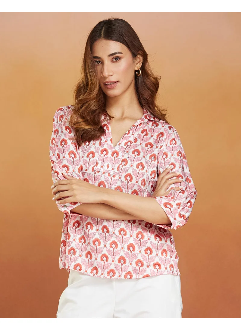 فاب انديا White Pink Viscose Blend Hand Block Printed Top