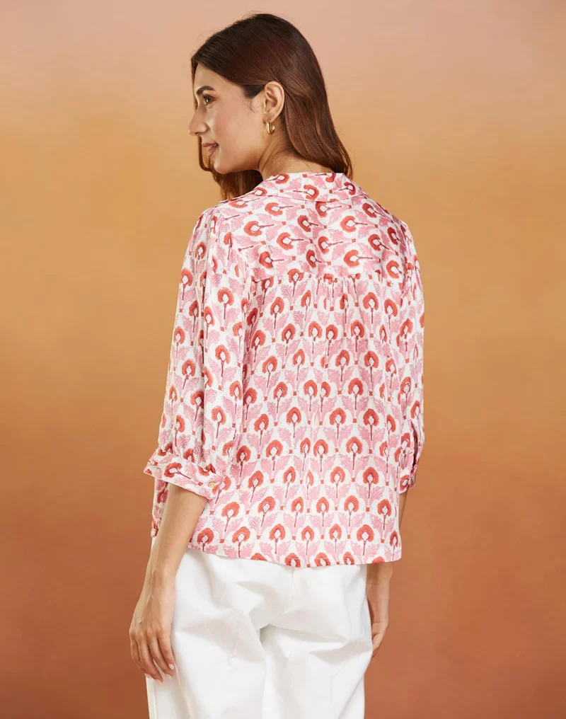 Fabindia White Pink Viscose Blend Hand Block Printed Top
