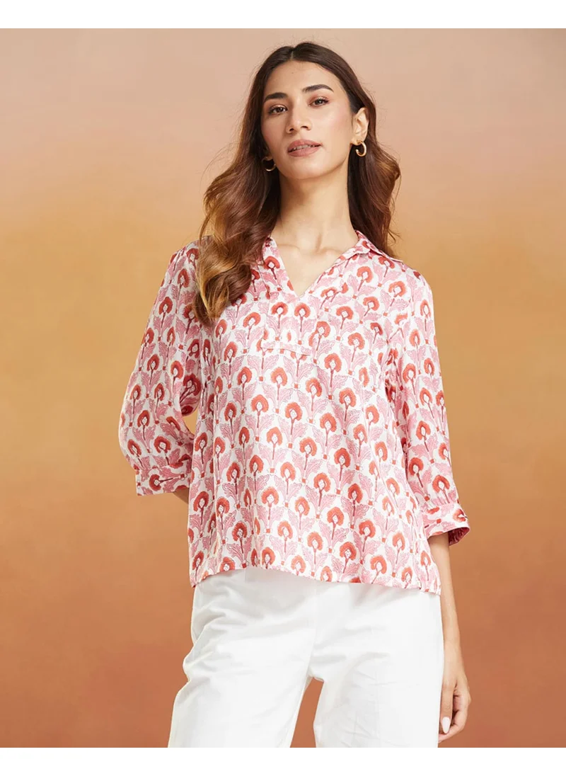 فاب انديا White Pink Viscose Blend Hand Block Printed Top