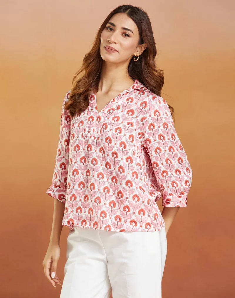 Fabindia White Pink Viscose Blend Hand Block Printed Top
