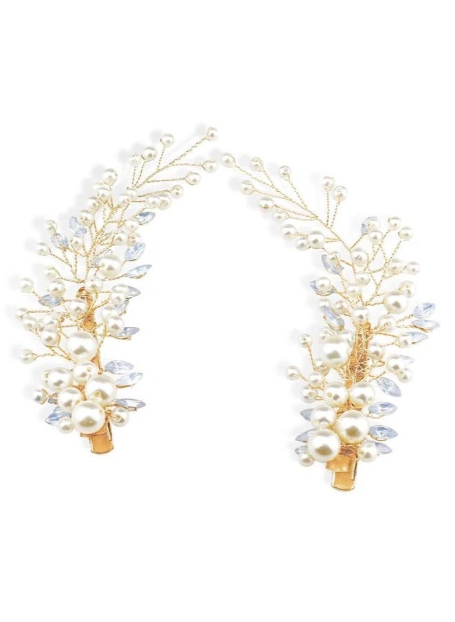 GIFT 2 Pcs Gold Wedding Pearl Hair Clips with Rhinestones, Bridal Hair Accessories  - Image 1