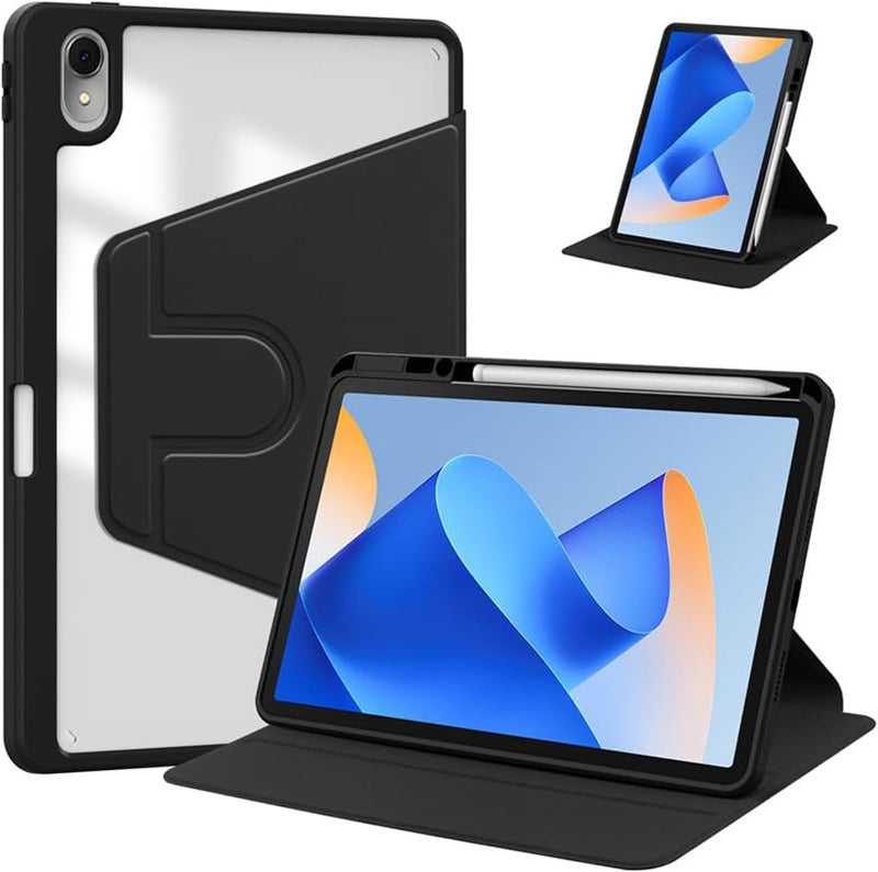 كاست ويف غطاء حماية، حامل دوار 360 درجة مع حامل قلم لجهاز هواوي ميت باد 11.5S/Air/2023، غطاء حماية بظهر شفاف، وظيفة الإيقاظ/النوم التلقائي، أسود