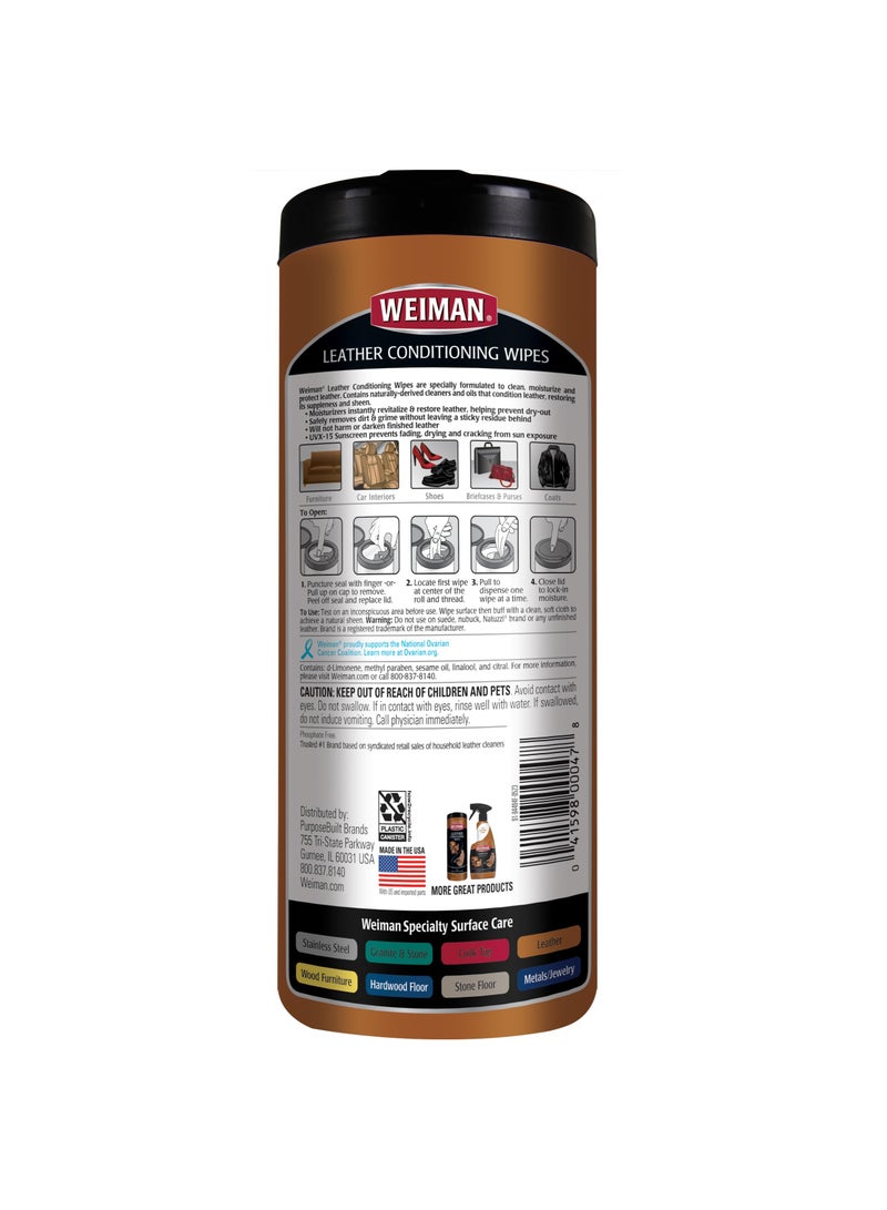 Leather Cleaner & Conditioner Wipes With UV Protection, Prevent Cracking Or Fading Of Leather Couches, Car Seats, Shoes, Purses - 30 ct