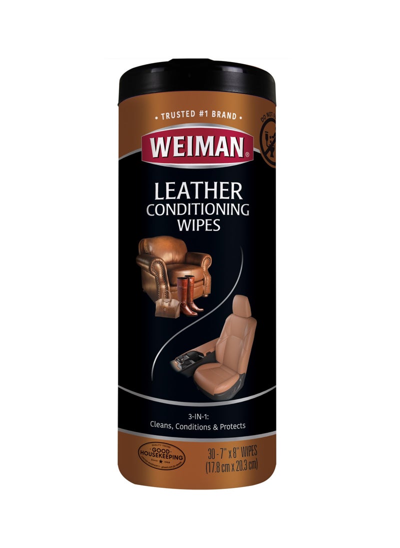 Weiman Leather Cleaner & Conditioner Wipes With UV Protection, Prevent Cracking Or Fading Of Leather Couches, Car Seats, Shoes, Purses - 30 ct  - Image 1