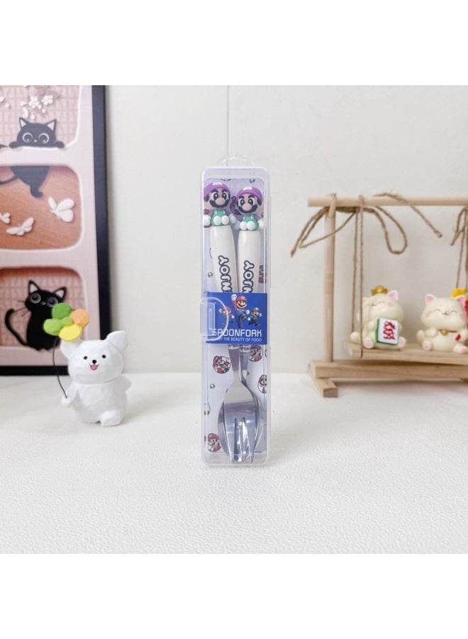 New Mario Fork And Spoon Two-piece Set Cartoon Children's Fork And Spoon Tableware Portable Lunchbox Tableware