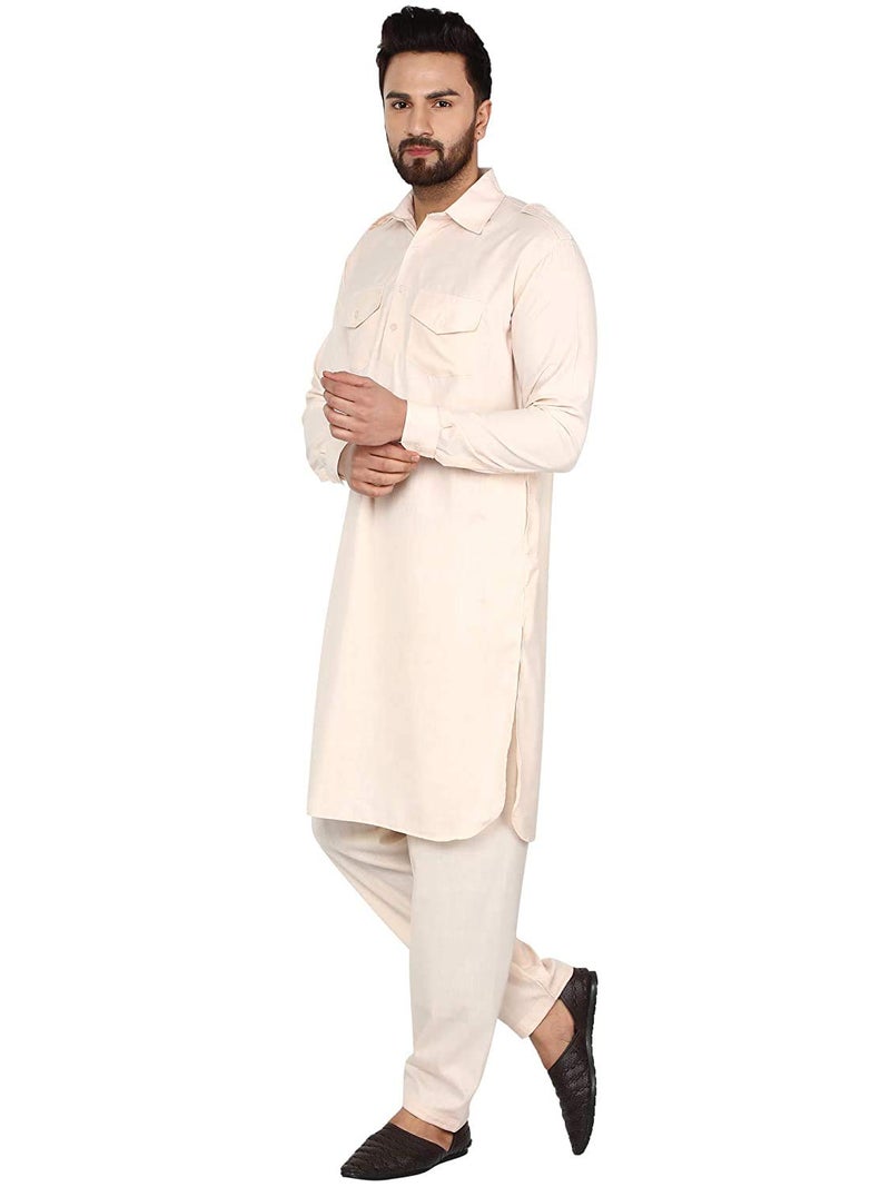 Royal Kurta رويال كورتا للرجال - بدلة باثاني قطن (42، بيج) - Image 2