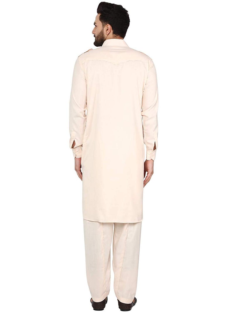 Royal Kurta رويال كورتا للرجال - بدلة باثاني قطن (42، بيج) - Image 3