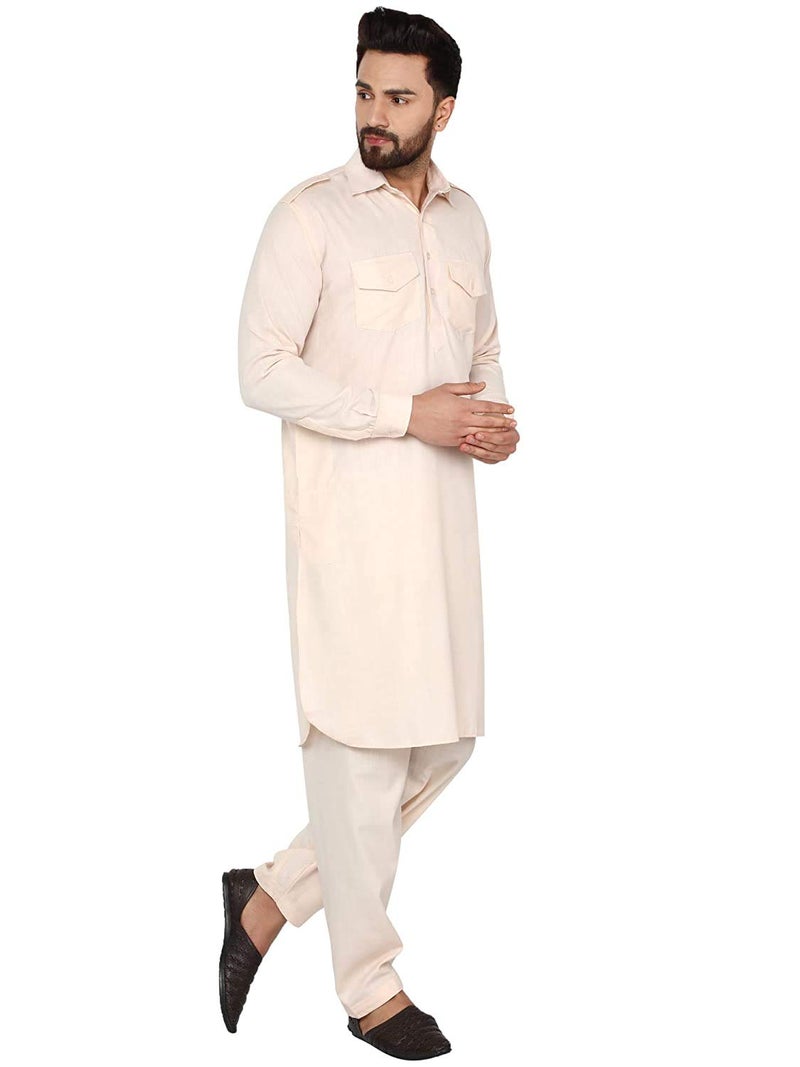 Royal Kurta رويال كورتا للرجال - بدلة باثاني قطن (42، بيج) - Image 4