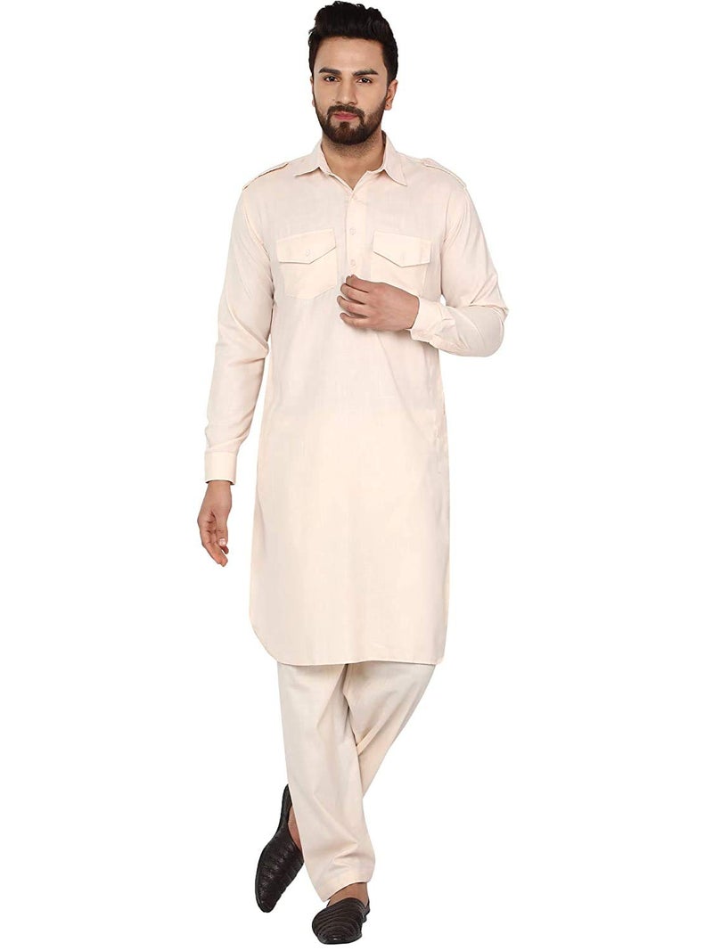 Royal Kurta رويال كورتا للرجال - بدلة باثاني قطن (42، بيج) - Image 1