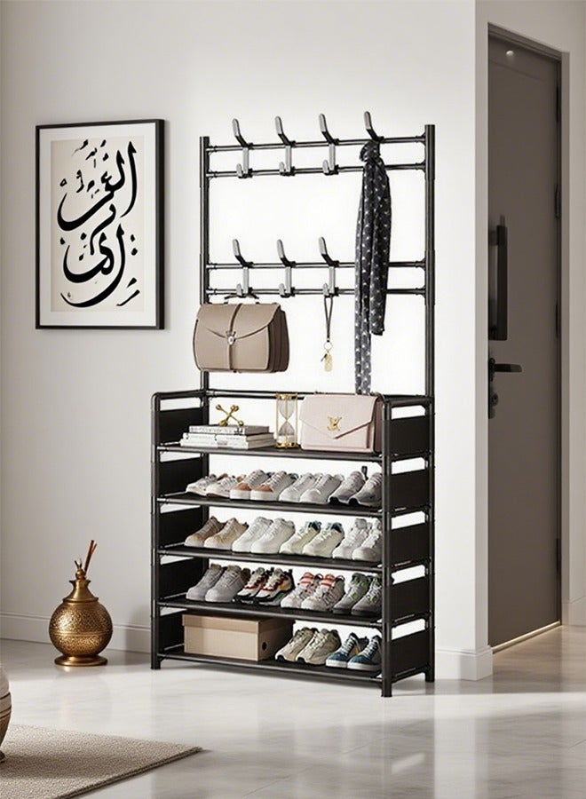 Generic 2-in-1 Floor-Standing Shoe Rack With Hooks and Hanging Rods, Thickened Steel Pipe Coat Rack With Anti-Fall Interlayer Cloth, Customizable Tier Design, Multifunctional Storage Rack for Home Entrance, Bedroom, Cloakroom, Apartment  - Image 1