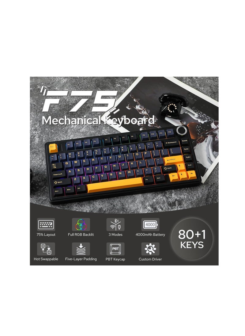 AULA F75 Gasket Mechanical Keyboard, 75% Wireless Hot Swappable Gaming Keyboard with Five-Layer Padding&Knob, Bluetooth/2.4GHz/USB-C, RGB (Black, Crescent Switch)