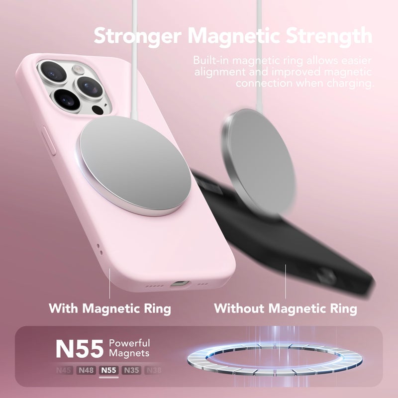 GONEZ Magnetic for iPhone 15 Pro Case, Compatible with MagSafe, [Screen Protector + Camera Lens Protector], Silicone Shockproof Anti-Scratch Protective Phone Case 6.1 inch, Chalk Pink - Image 3