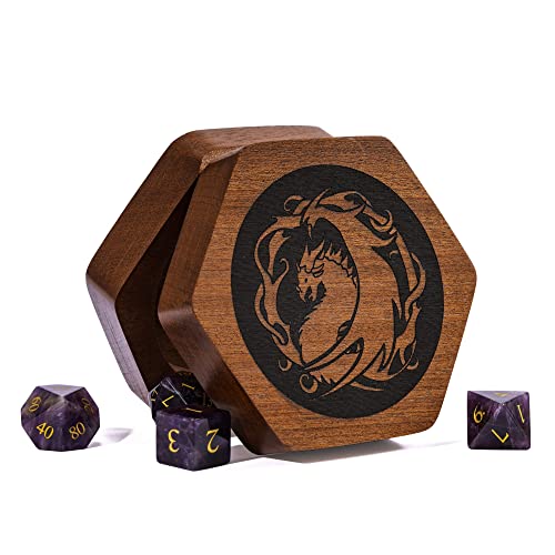 UDIXI Wooden DND Dice Box Sapele Dice Case with Magnetic Lid for Storage 7Die Standard Size Polyhedral Dice DD HexagonalDragon Pattern - Image 1