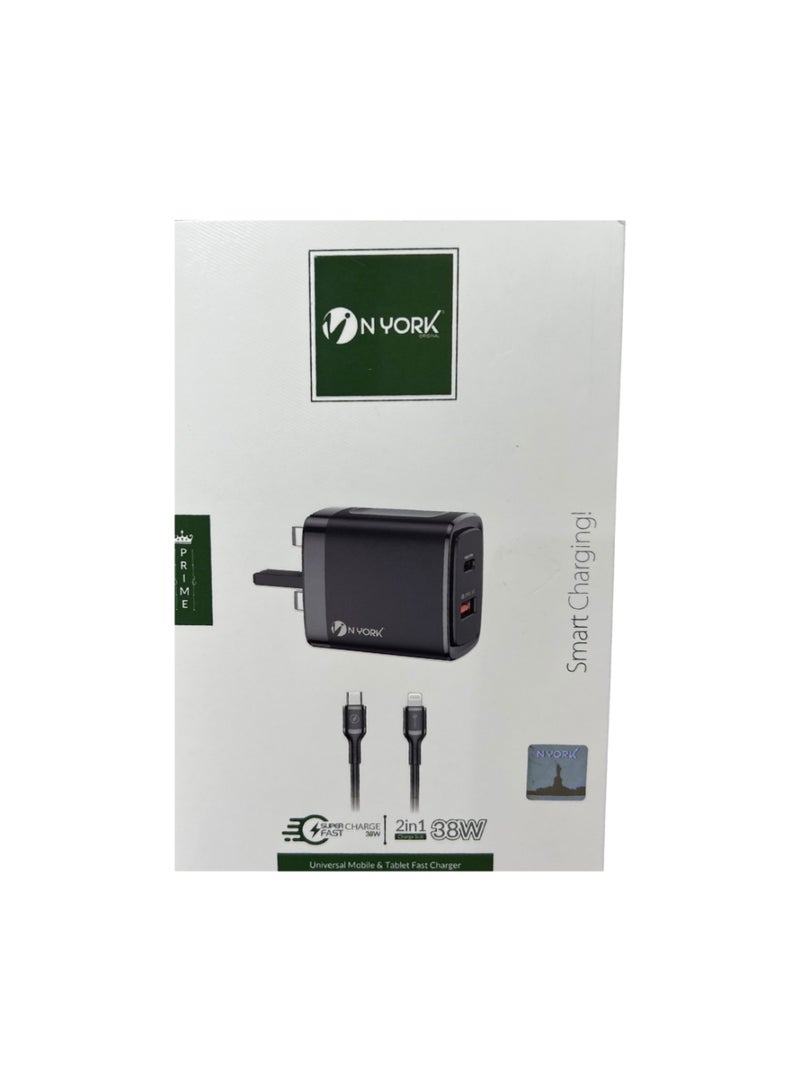 Nyork 38W Super Fast 2-in-1 Universal Charger for Mobile and Tablet – BLACK - Image 1