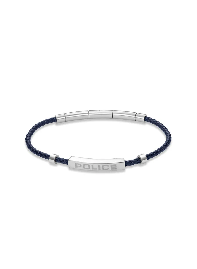 بوليس Police Contour Bracelet - Blue Leather with Stainless Steel Rings & Etched POLICE Plaque - Men's Bold Statement Style