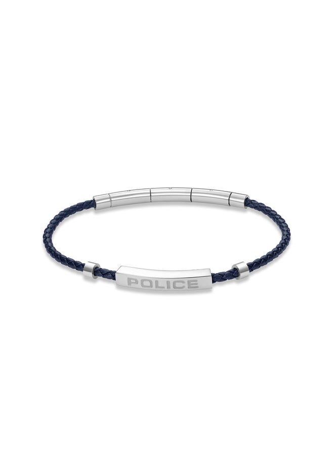 بوليس Police Contour Bracelet - Blue Leather with Stainless Steel Rings & Etched POLICE Plaque - Men's Bold Statement Style  - Image 2