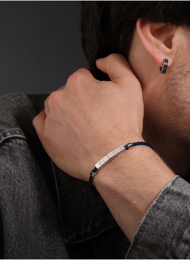 بوليس Police Contour Bracelet - Blue Leather with Stainless Steel Rings & Etched POLICE Plaque - Men's Bold Statement Style  - Image 4