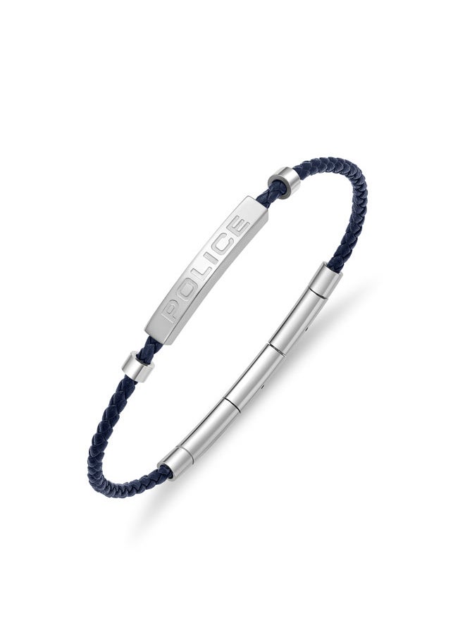 بوليس Police Contour Bracelet - Blue Leather with Stainless Steel Rings & Etched POLICE Plaque - Men's Bold Statement Style  - Image 1
