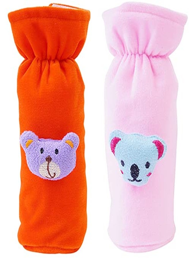 MW PRINTS Soft Plush Stretchable Baby Feeding Bottle Cover with Easy to Hold Strap |Suitable for 120ml-250ml Baby Feeding Bottle Cover Pack of 2 (Orange & Baby Pink) - Image 1