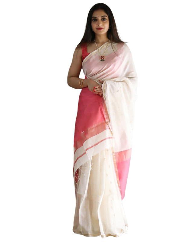 SIRIL Women's Jacquard Cotton Saree with Unstitched Blouse Piece (3260S137_White) - Image 1