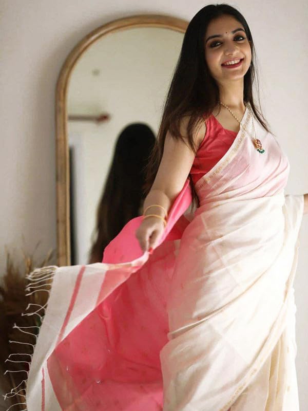 SIRIL Women's Jacquard Cotton Saree with Unstitched Blouse Piece (3260S137_White) - Image 3