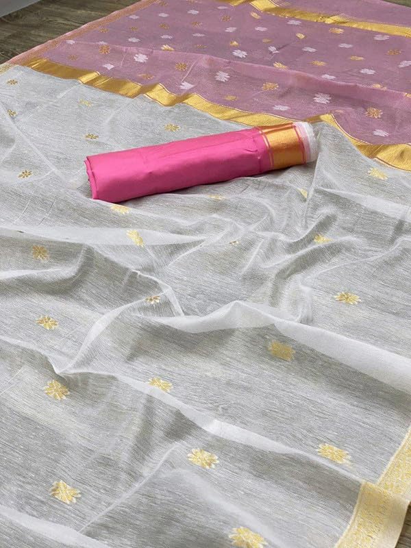 SIRIL Women's Jacquard Cotton Saree with Unstitched Blouse Piece (3260S137_White) - Image 5