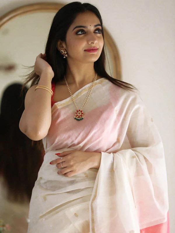 SIRIL Women's Jacquard Cotton Saree with Unstitched Blouse Piece (3260S137_White) - Image 4