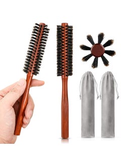 Patelai Patelai 2 Pcs Boar Bristle Round Brush Small Round Hair Brush Styling Roller Brush Anti Static Quiff Mini Comb with Wooden Handle for Blow Drying Straightening Curling Wet Thin or Short Hair 
