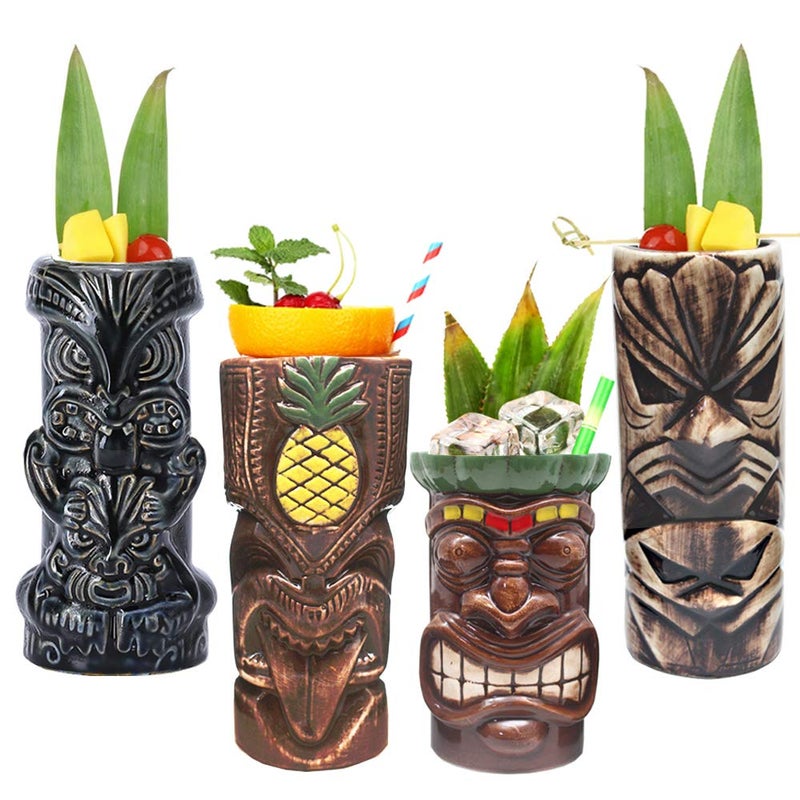 Tiki Mugs Cocktail Set of 4  Large Tumblers Ceramic Hawaiian Luau Party Mugs Drinkware Cute Exotic Cocktail Glasses Tiki Bar Professional Hawaiian Party Barware TKSET0005