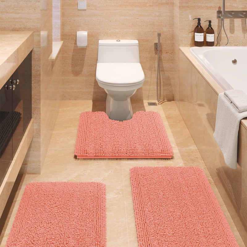 ACCUMTEK Striped Coral Bathroom Rug Set 3 Pieces Ultra Soft, Non Slip Chenille Toilet Mat, Absorbent Plush Shaggy Bath Mats for Bathroom, Bedroom, Kitchen - Image 1