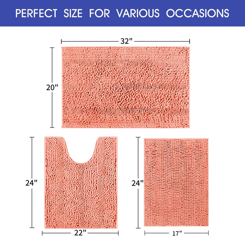 ACCUMTEK Striped Coral Bathroom Rug Set 3 Pieces Ultra Soft, Non Slip Chenille Toilet Mat, Absorbent Plush Shaggy Bath Mats for Bathroom, Bedroom, Kitchen - Image 5