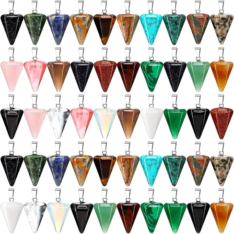 Crystal Agate 50 Pcs Natural Stone Pendant Necklace Faceted Cone Hexagonal Accessories, DIY Pendant Charms for Jewelry Making, Finish Polished Multi-Color Smooth - Image 1