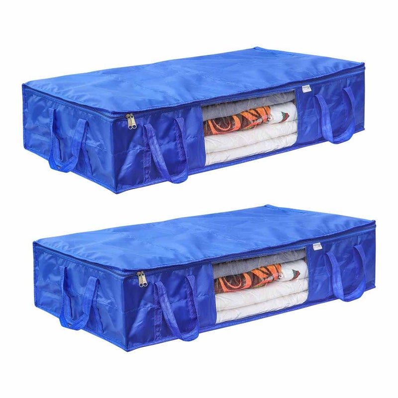 PrettyKrafts Pretty Krafts Set of 2 Parachute Fabric Moisture Proof Underbed Cloth Storage Organizer with Zipper Lock Handles Wardrobe Organizer for Cloth Saree Quilt Blanket Toy Storage Bag 98x40x19cm Blue  - Image 1