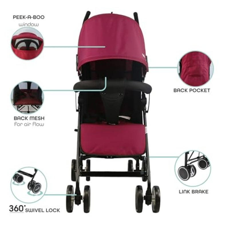 Lightweight travel stroller for babies, toddlers, and kids from 0 months up to 18 kg,aluminum frame, dark red, umbrella fold with multi-position recline and storage basket - Image 2