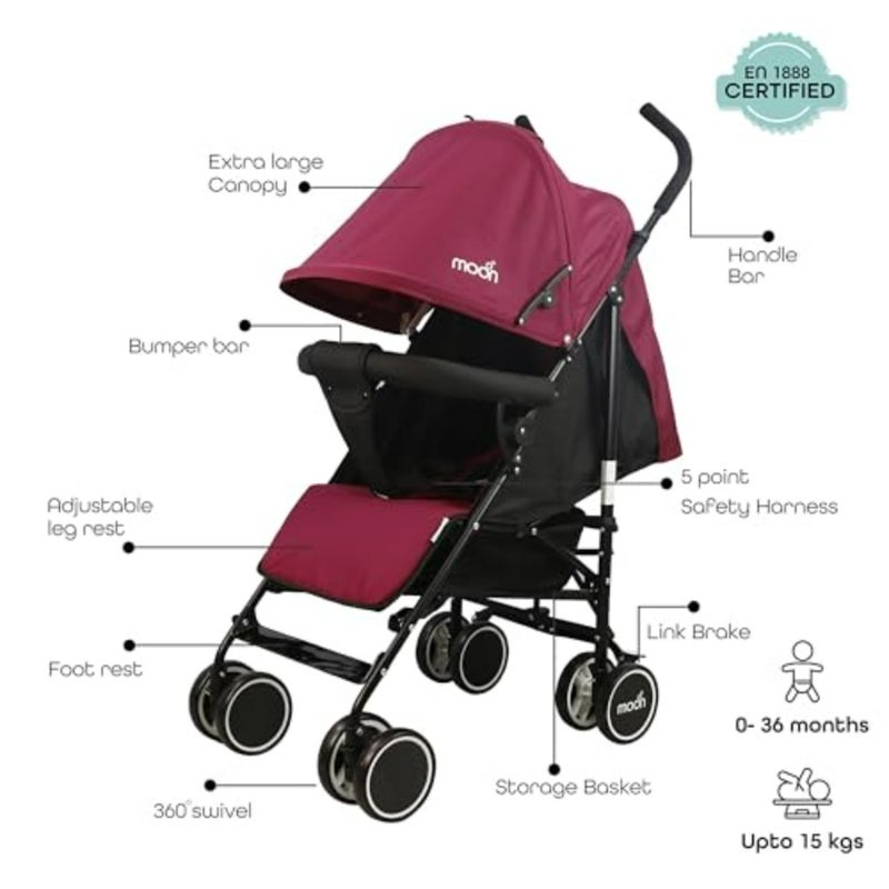 Lightweight travel stroller for babies, toddlers, and kids from 0 months up to 18 kg,aluminum frame, dark red, umbrella fold with multi-position recline and storage basket - Image 1