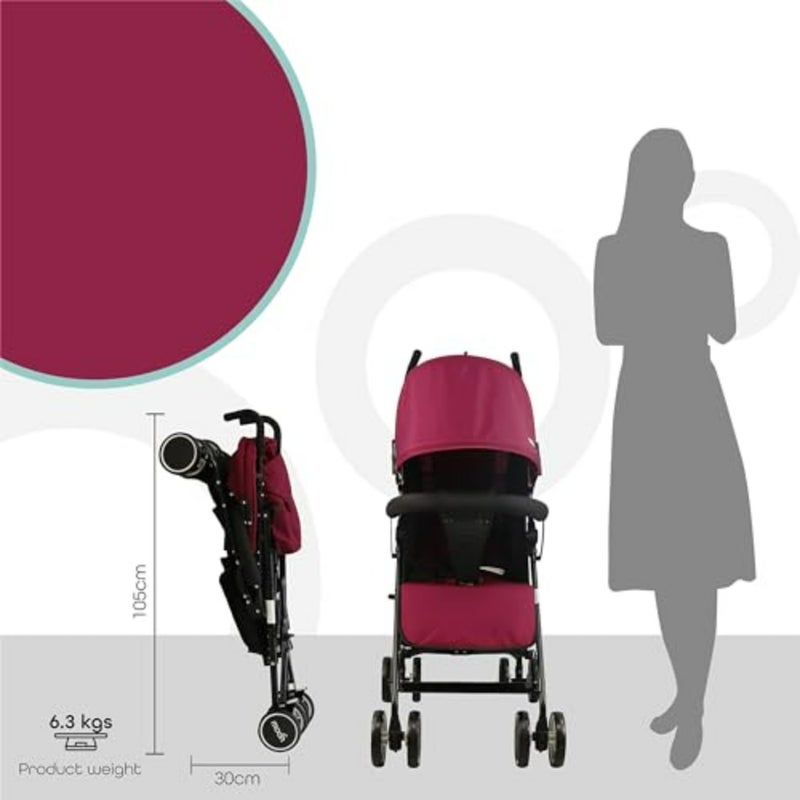 Lightweight travel stroller for babies, toddlers, and kids from 0 months up to 18 kg,aluminum frame, dark red, umbrella fold with multi-position recline and storage basket - Image 4