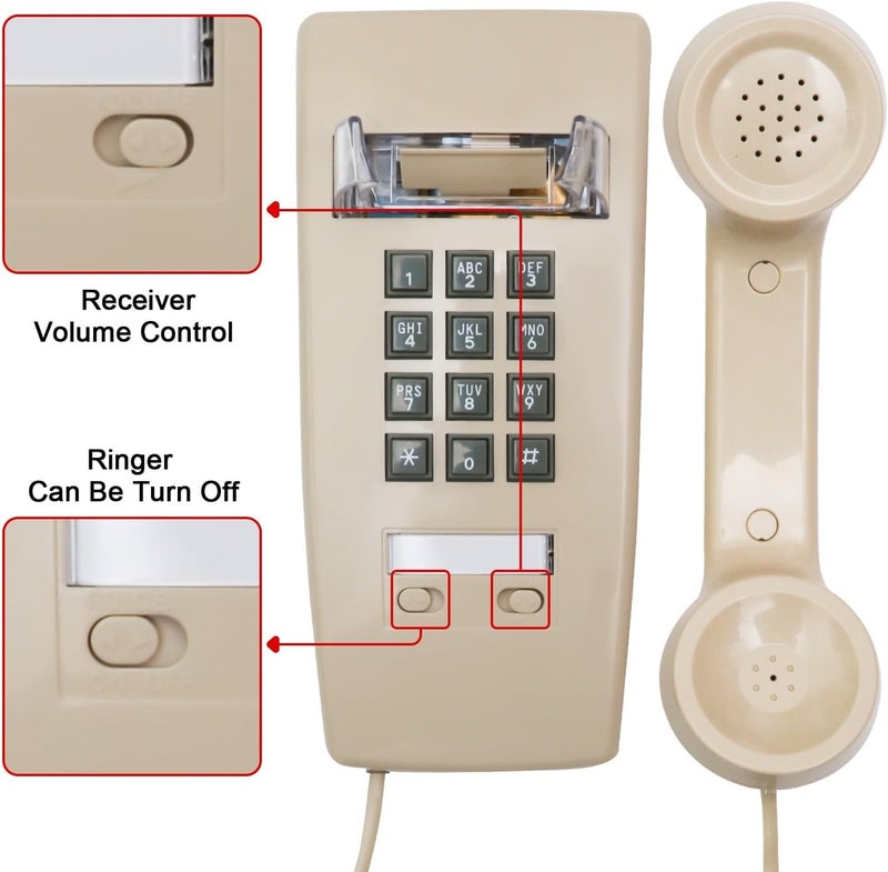 Sangyn Retro Wall Phones for Landline with Loud Mechanical Ringing Vintage Wall Mount Phone with Volume Adjustable Old Fashioned Corded Landline Telephone for Home School Hotel Office, Beige - Image 1