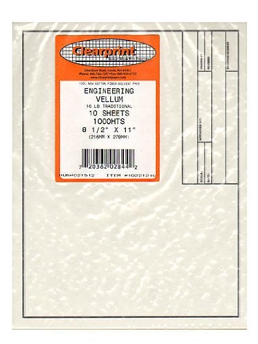 Clearprint Vellum Sheets with Engineer Title Block 85x11 Inches 16 lb 60 GSM 1000H 100 Cotton 10 SheetsPack Translucent White 10221210