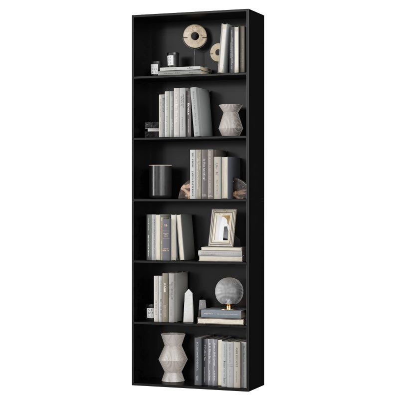 FirFurd Bookcase 6 Tiers Bookshelf Black Tall Display Shelf Freestanding Wooden Storage Unit for Living Room Bedroom Office 60x23.5x180cm - Image 1