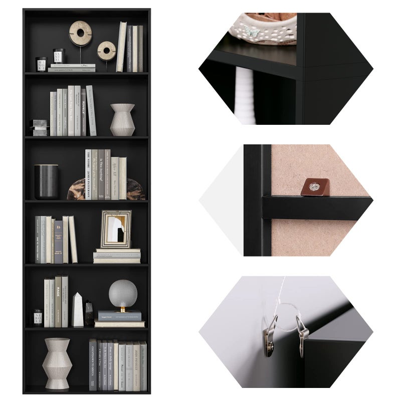 FirFurd Bookcase 6 Tiers Bookshelf Black Tall Display Shelf Freestanding Wooden Storage Unit for Living Room Bedroom Office 60x23.5x180cm - Image 5