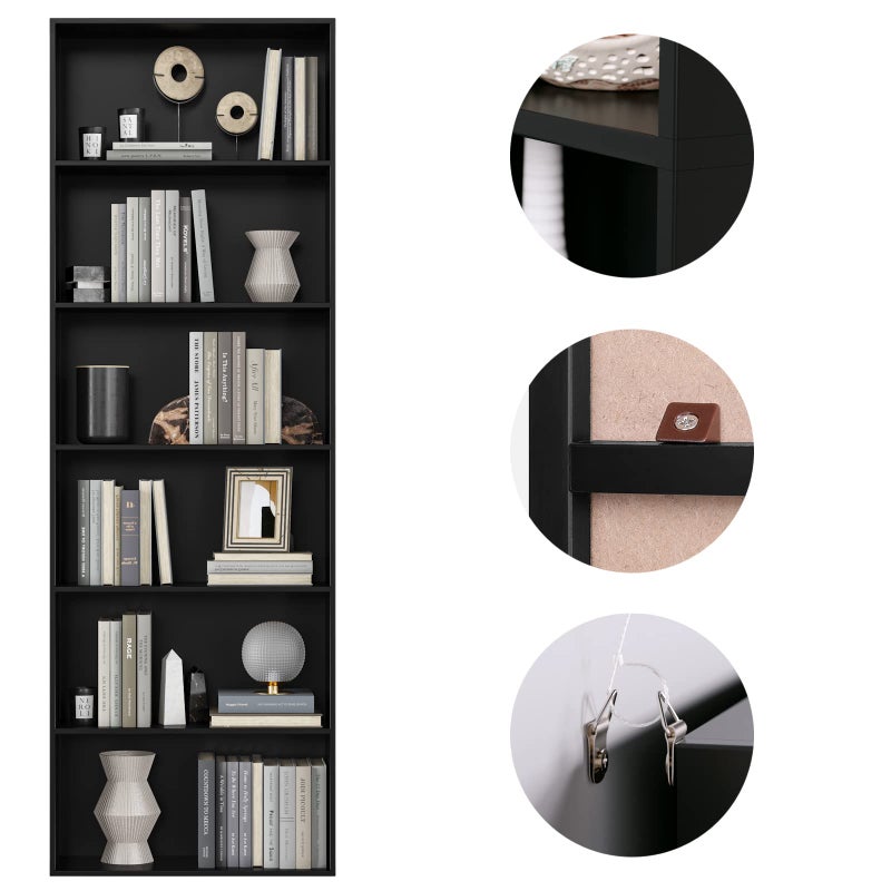 FirFurd Bookcase 6 Tiers Bookshelf Black Tall Display Shelf Freestanding Wooden Storage Unit for Living Room Bedroom Office 60x23.5x180cm - Image 4
