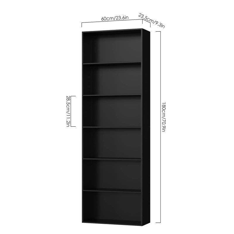 FirFurd Bookcase 6 Tiers Bookshelf Black Tall Display Shelf Freestanding Wooden Storage Unit for Living Room Bedroom Office 60x23.5x180cm - Image 3