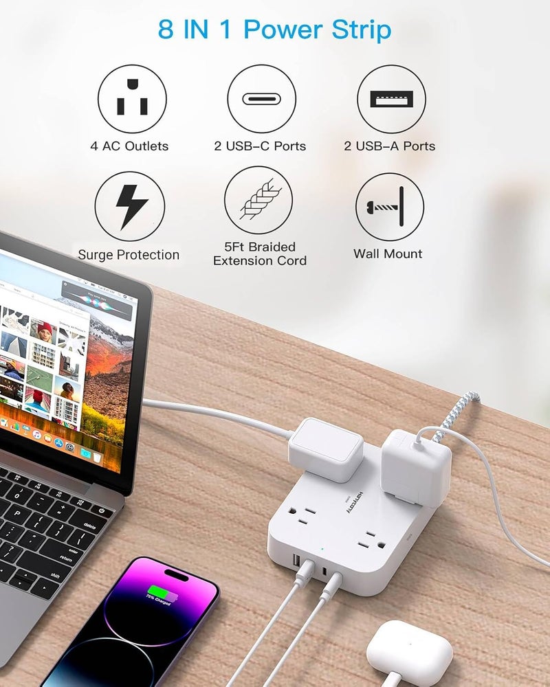 HANYCONY مقبس طاقة مع حماية من زيادة التيار، سلك تمديد بطول 5 أقدام مع 4 منافذ USB (2 USB C)، 4 مقابس واسعة، قابل للتثبيت على الحائط، محطة شحن للمكتب والمدرسة والسفر وغرفة السكن الجامعي الأساسية - Image 2