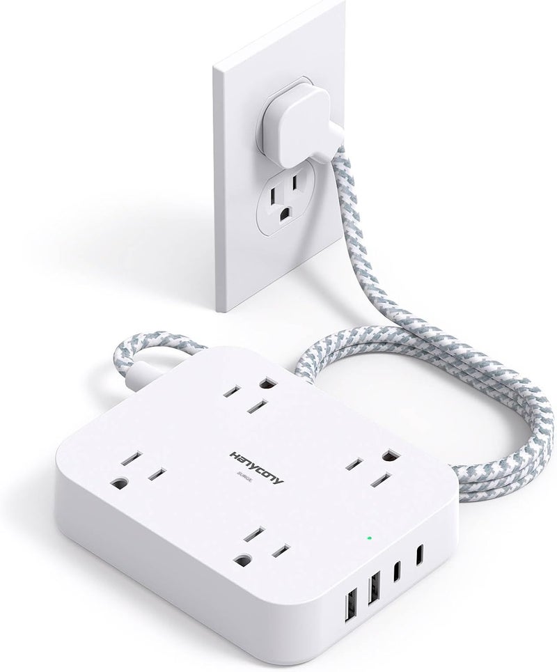 HANYCONY مقبس طاقة مع حماية من زيادة التيار، سلك تمديد بطول 5 أقدام مع 4 منافذ USB (2 USB C)، 4 مقابس واسعة، قابل للتثبيت على الحائط، محطة شحن للمكتب والمدرسة والسفر وغرفة السكن الجامعي الأساسية - Image 1
