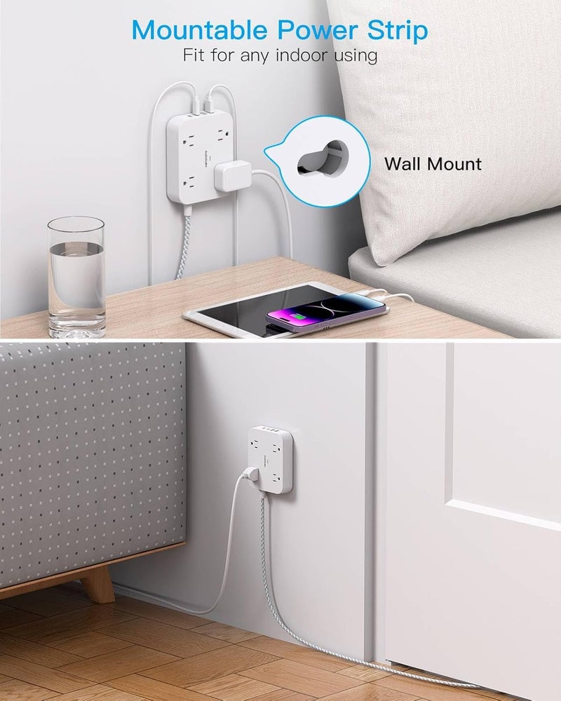 HANYCONY مقبس طاقة مع حماية من زيادة التيار، سلك تمديد بطول 5 أقدام مع 4 منافذ USB (2 USB C)، 4 مقابس واسعة، قابل للتثبيت على الحائط، محطة شحن للمكتب والمدرسة والسفر وغرفة السكن الجامعي الأساسية - Image 3