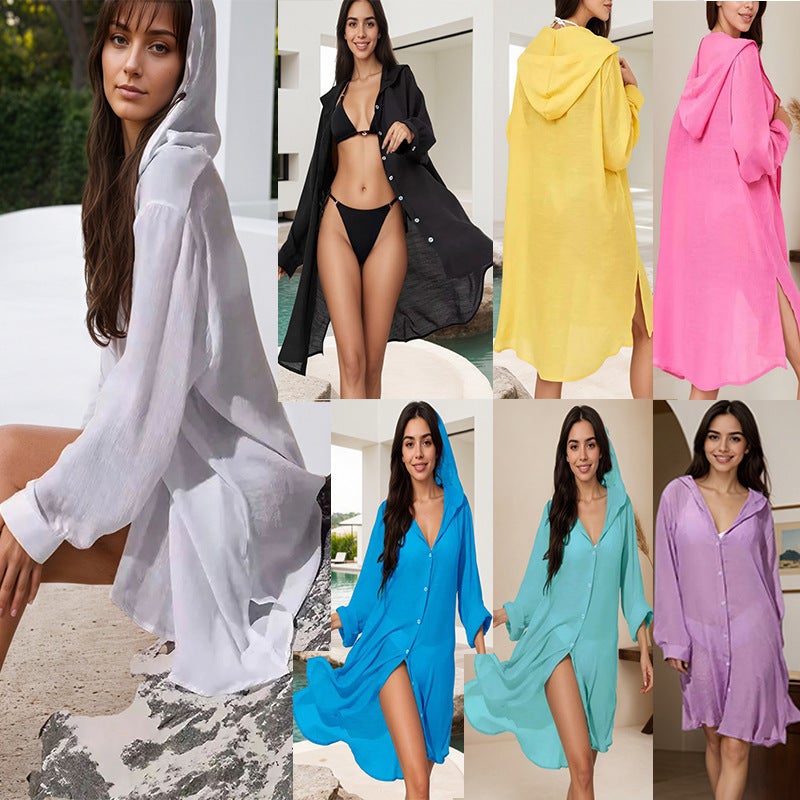 Women's Solid Color Hooded Beach Cover Up - Image 1