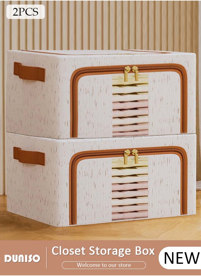 DUNISO 2 Pack Closet Storage Box with Metal Frame, Stackable Flodable Closet Container Organizer with Lids Handle Double & Zippers, Large Capacity Wardrobe Clothes Storage Box with Clear Window for Blanket, Bedding, Clothes, Comforter  - Image 1