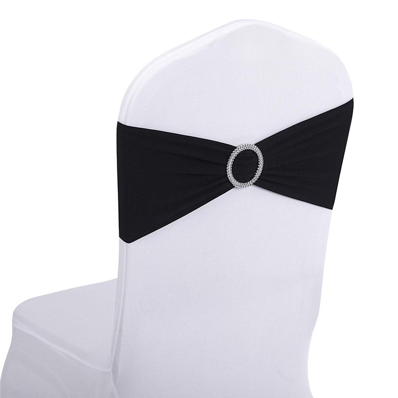 Peomeise 50pcs Black Spandex Chair Sashes with Buckle Slider for Wedding Party Decoration